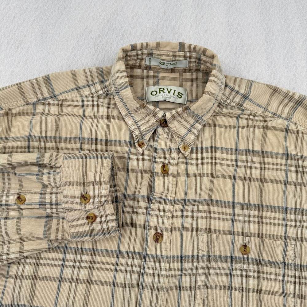 Orvis Mens L Corduroy Flannel Button Down Beige Plaid Long Sleeve Outdoors Gorp